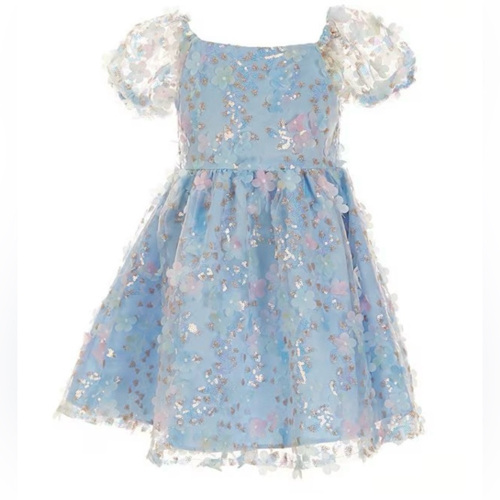 Floral Blue Dress with Puff Sleeves
